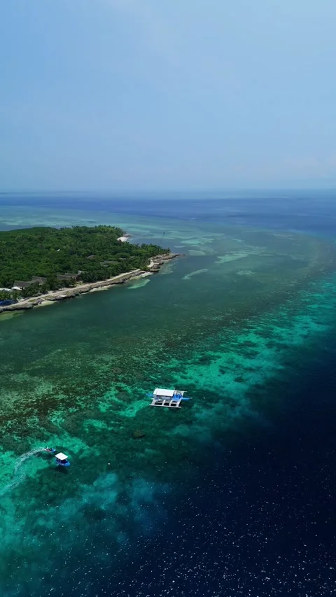 Vertical drone pans left during a flyover of Doljo Beach reef water in Panglao 스톡 동영상 333954500