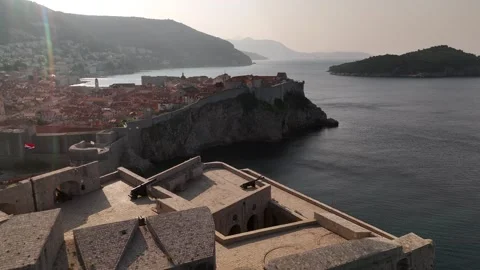Vertical Drone Push Forward to Dubrovnik Old City Walls at Sunset 4K 9:16 Stock Footage 337848724