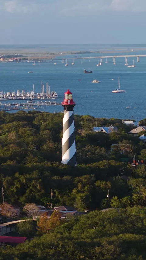Vertical drone shot around the St Augustine lighthouse, sunset in Florida, USA Stock Footage 301538915