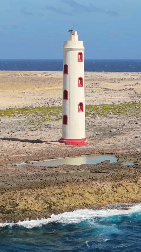 Vertical Drone Shot Of Bonaire Lighthouse And Coast Stock Footage 337054457