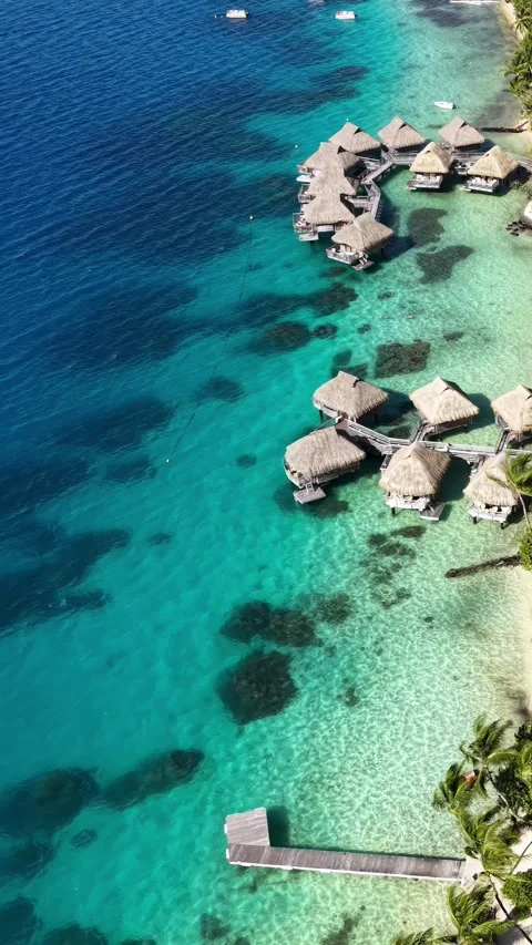 Vertical Drone Shot of Bora Bora Island Coast, French Polynesia, Luxury Video stock 348211294