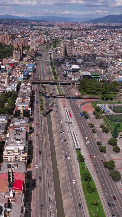 Vertical Drone Shot, Buzzing Traffic on NQS Avenue in Bogota Colombia on Stock Footage 282965385
