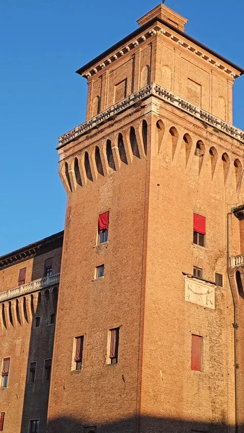 Vertical drone shot of Castello Estense in Ferrara, Italy Stock Footage 335145175