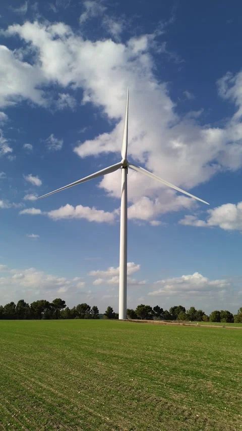 Vertical Drone Shot Flying Away from Wind Turbine Over Green Cereal Field Stock Footage 331119948