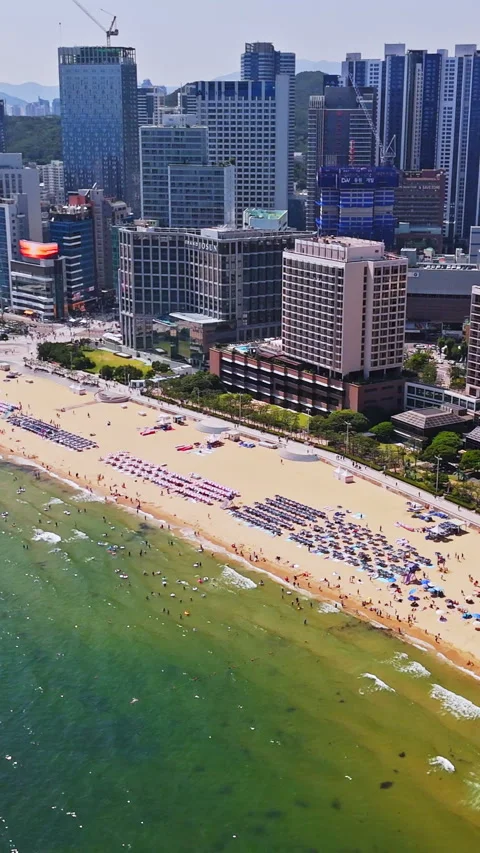 Vertical drone shot in front of the Haeundae beach, Busan, South Korea Vídeo Stock 331368615