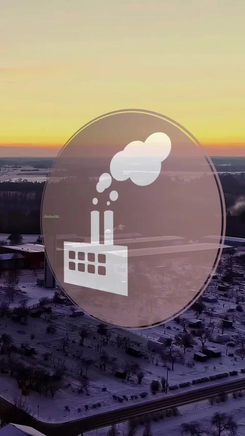 Vertical drone shot of industrial facility with a rotoscoped 3D factory icon Stock Footage 296622658
