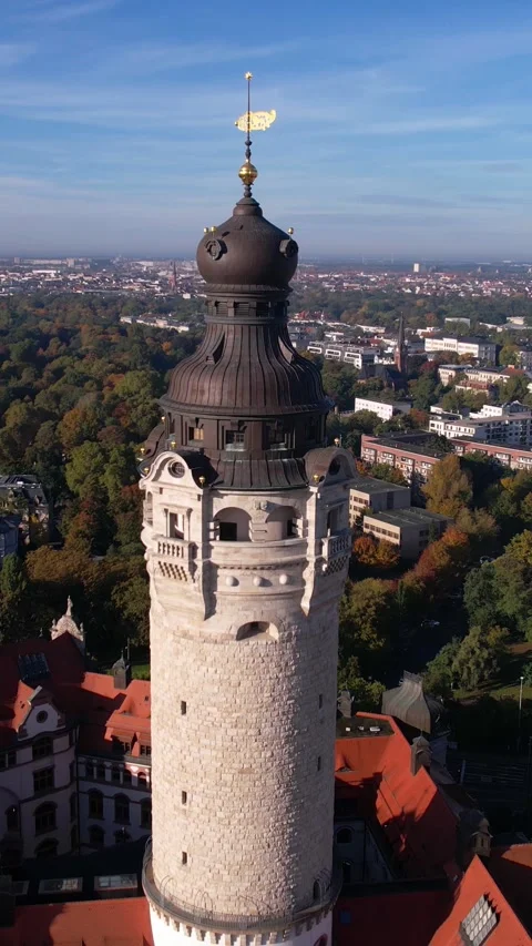Vertical Drone Shot, Leipzig New Town Hall Tower and Cityscape on Sunny Stock Footage 284964662
