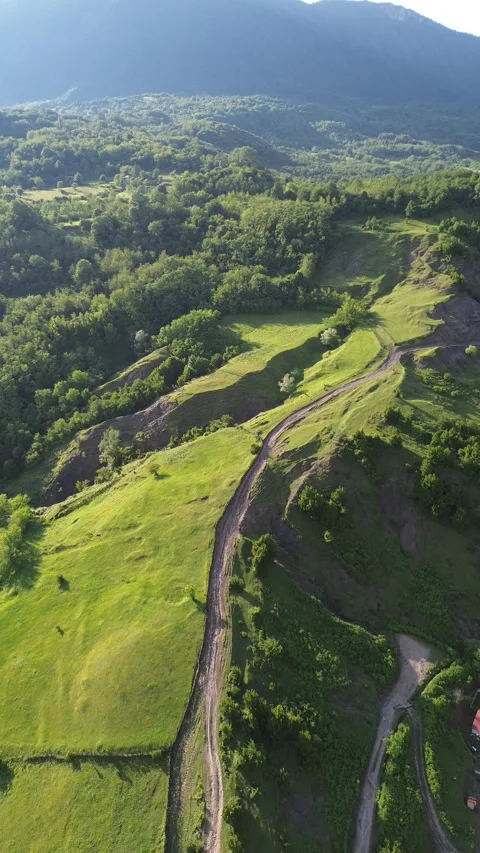 Vertical Drone Shot Over Hills With Dirt Road and Green Meadow, Georgia 4K Stock Footage 339359790