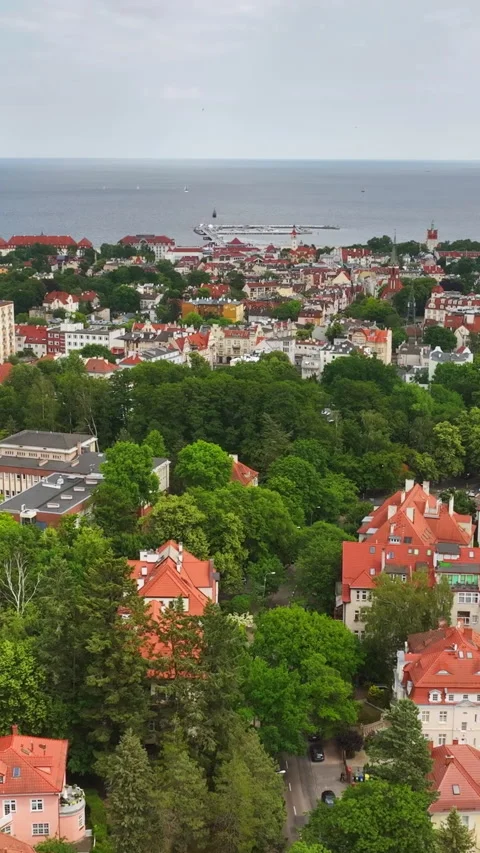Vertical drone shot over red rooftops and urban trees in downtown Sopot, Poland Stock Footage 333207247