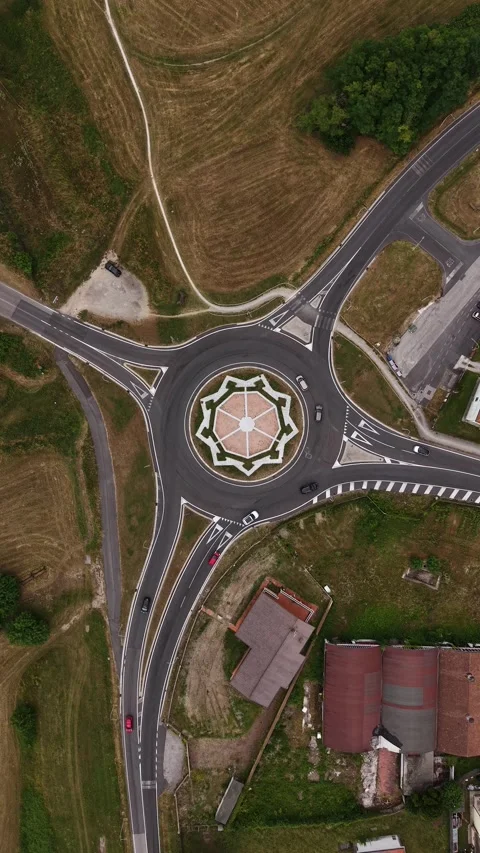 Vertical Drone Shot of Roundabout Traffic Outside Palmanova, Italy, High Angle Stock Footage 340563787