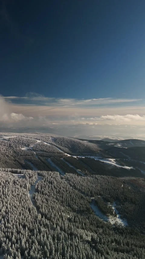 Vertical Drone Shot of Snow Covered Forest at Klinovec Ski Area Stock Footage 325854440