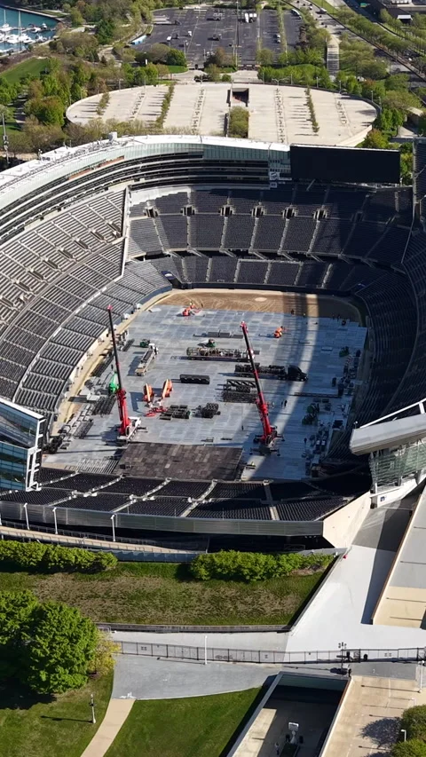 Vertical Drone Shot of Soldier Field Stadium Preparing For Concert Event Stock Footage 314649593