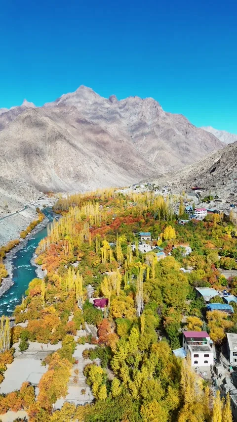 Vertical drone showcasing the essence of fall in Ladakh’s Kargil. Stock Footage 310664895