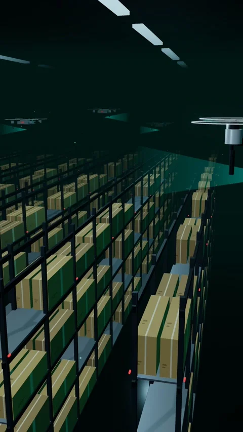 Vertical Drone Swarm Sweeping The Rack Field Of An Automated Warehouse Stock-Footage 344257554