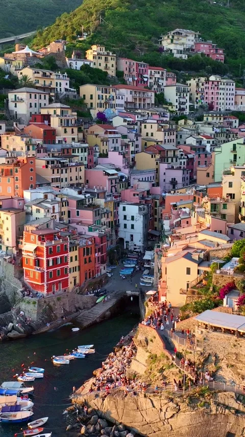 Vertical drone video of Cinque terra in Italy, Riomaggiore town in Cinque terra Stock Footage 281259487