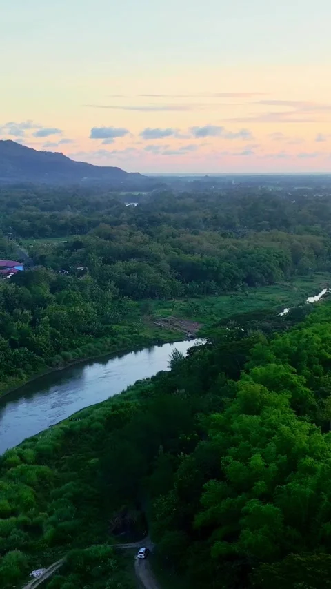 Vertical drone video of evening river landscape Stock Footage 336316616