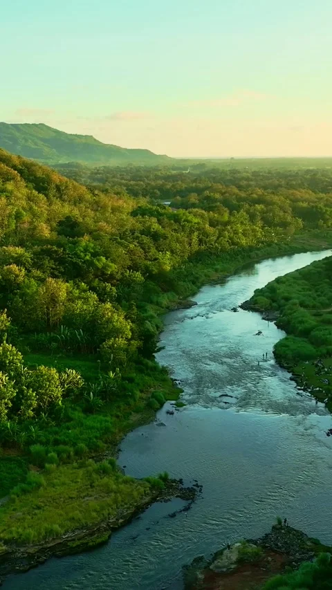 Vertical drone video of river beside mountains Stock Footage 336316193