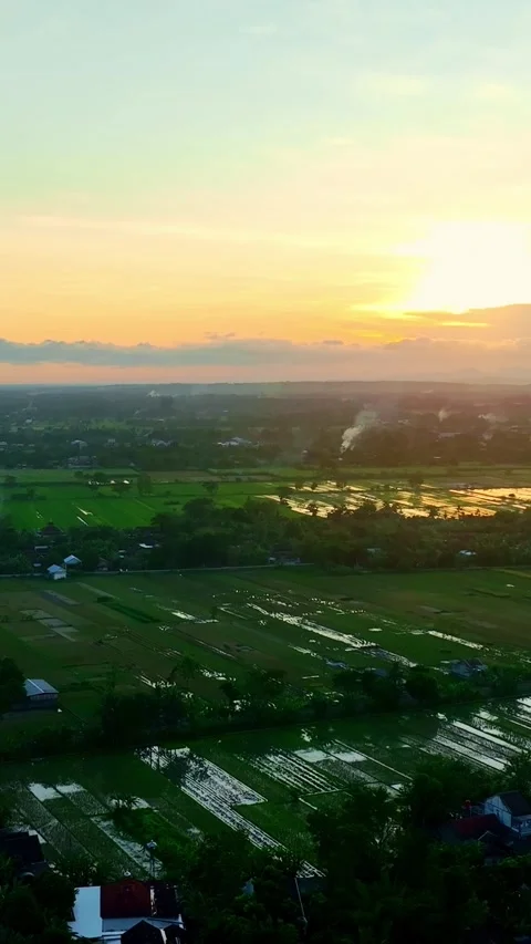 Vertical drone video of sunset over fields Stock Footage 336316394
