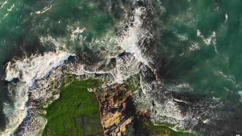 Vertical drone video of wild ocean waves crashing on rocky coastline. Stock Footage 339509756