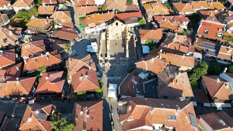 Vertical drone view of the ancient Byzantine church ruins in Nesebar. Stock Footage 327671738