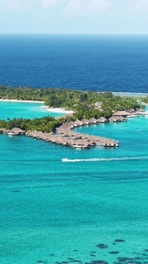 Vertical Drone View of Bora Bora, French Polynesia. Luxury Resort, Coral Reef Video stock 347831078