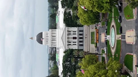 Vertical drone view of California State Capitol in Sacramento with fountain Stock Footage 334268023