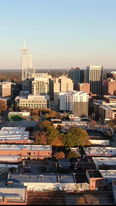 Vertical Drone View of Downtown Raleigh Skyline at Golden Hour Stock Footage 331247816