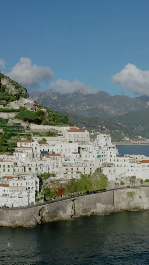 Vertical Drone View of Iconic Amalfi Coast Town in Italy with Stunning White Stock-Footage 330989860