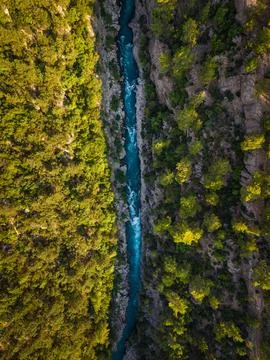 Vertical drone view of Koprucay River inside Koprulu Canyon Stock Photos