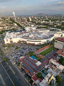 Vertical drone view of La Gran Plaza and Vallarta Avenue in Guadalajara Stock Photos
