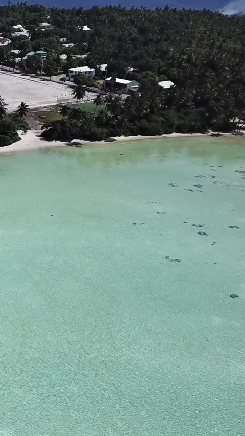 Vertical drone view of local island village and palm shoreline in Faafu Atoll Видео 344257177
