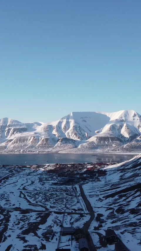 Vertical Drone View of Longyearbyen in Svalbard, Norway Stock Footage 340036935