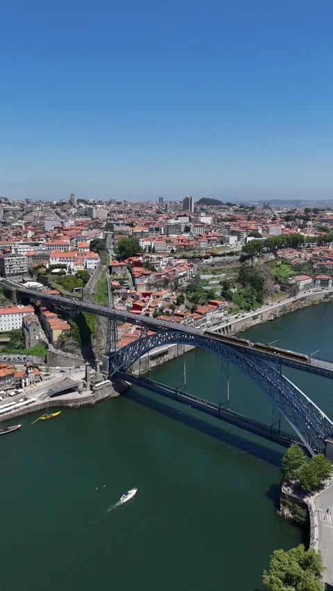Vertical Drone View of Metro Crossing Dom Luis I Bridge in Porto Stock Footage 333662070