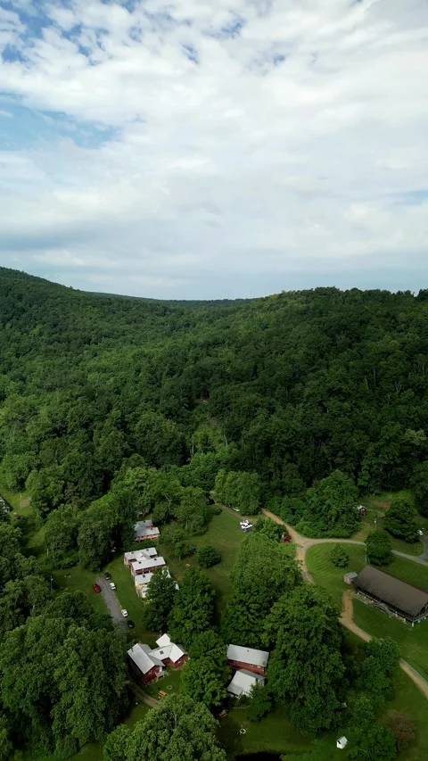 Vertical Drone View of Mountain Forest Valley with Rural Cabins. Stock Footage 330353650