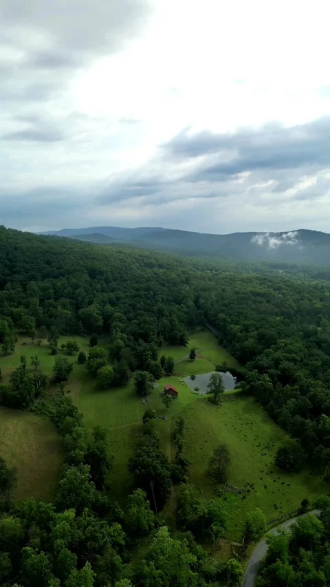 Vertical Drone View of Mountain Forest Valley with Rural Cabins. Stock Footage 330353654