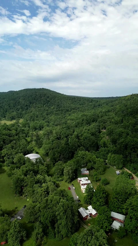 Vertical Drone View of Mountain Forest Valley with Rural Cabins. Stock Footage 330353656