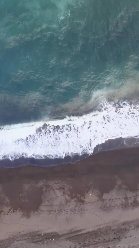 Vertical Drone View of Ocean Waves on Khalaktyrsky Black Sand Beach Vidéo 337832982