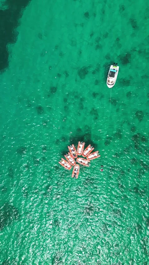 Vertical Drone View of Orange Kayaks in a Circle on Turquoise Water 库存影片 348337418