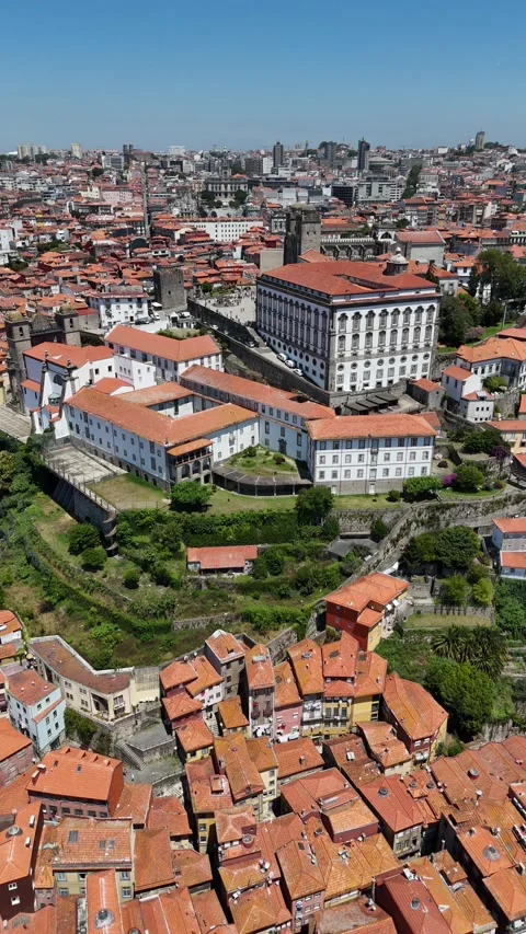 Vertical Drone View of Porto Historic Center and Red Roofs Stock Footage 333681638