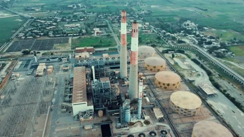 Vertical Drone View of Power Plant, Storage Tanks and Industrial Equipment Stock Footage 344409103