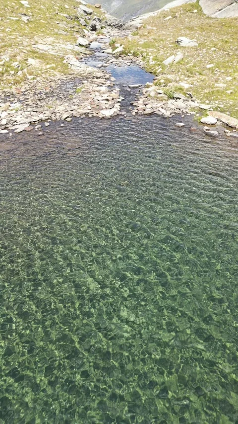 Vertical drone view of remote alpine lake in high mountain landscape Stock Footage 330749634