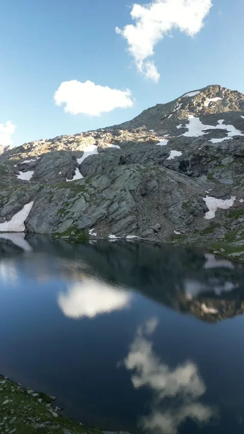 Vertical drone view of remote alpine lake in high mountain landscape Video stock 330750020