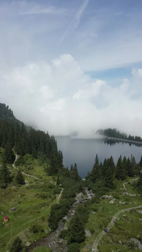 Vertical drone view of remote alpine lake in high mountain landscape Stock Footage 330750046