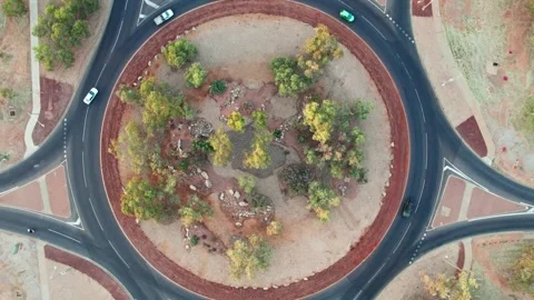 Vertical drone view of the roundabout at The Gap, in Alice Springs, Mparntwe Stock Footage 308726647