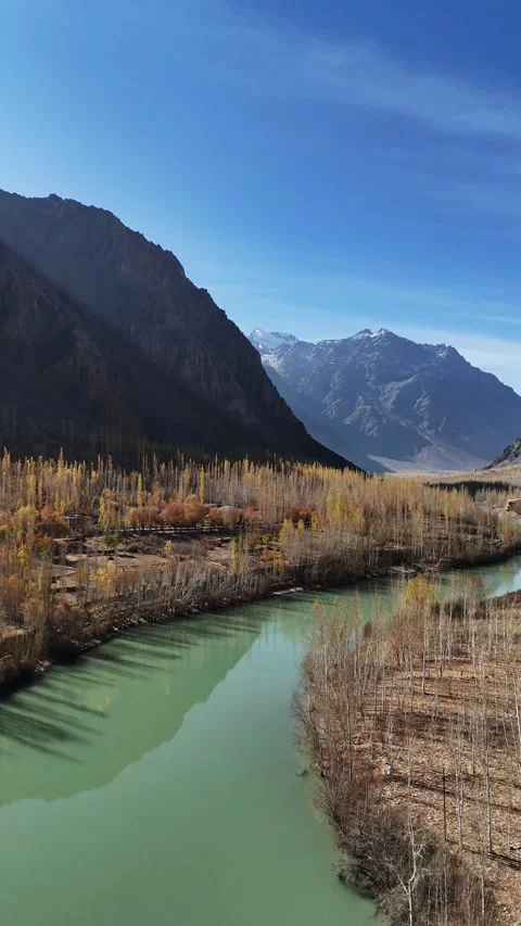 Vertical drone view of Suru River winding through Kargil’s autumn landscape. Stock Footage 310662102