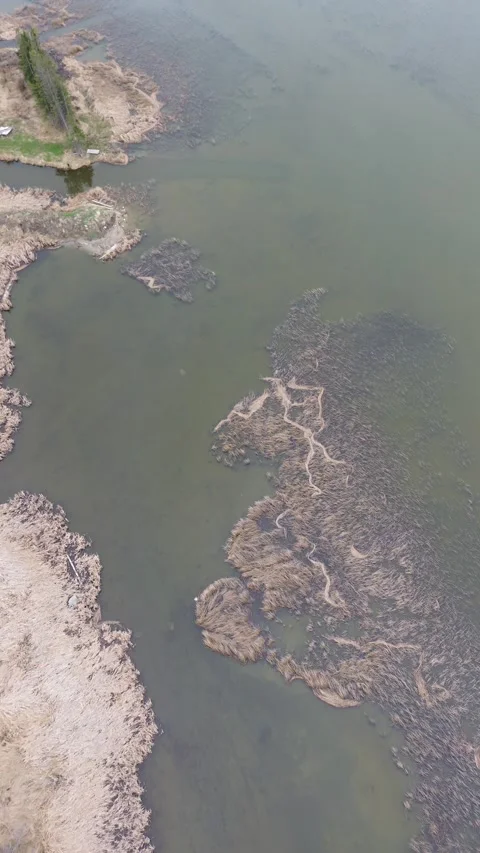 Vertical drone view of a unique, textured riverbank for social media Stock Footage 312416693