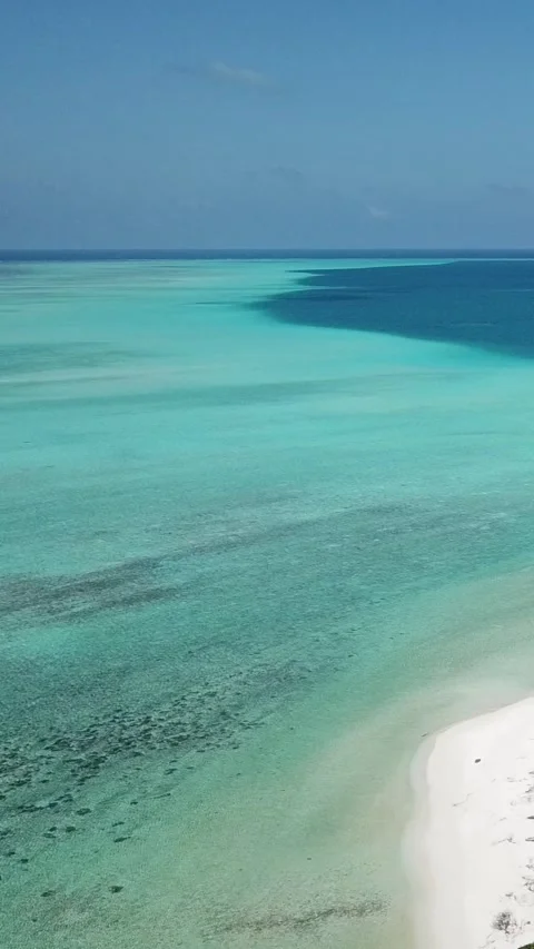 Vertical drone view of vibrant coral reef color gradient in Faafu Atoll ocean Видео 344257141