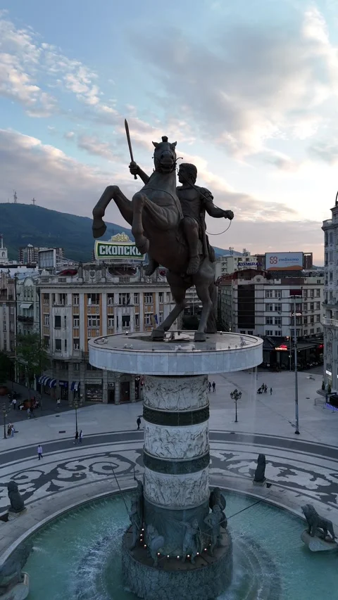Vertical Drone View of Warrior on a Horse Statue in Skopje Square, 4K Stock Footage 337175773