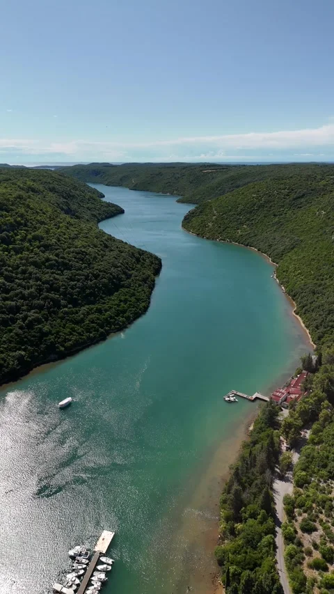 Vertical drone view of a winding bay framed by green forested hills Stock Footage 322045168