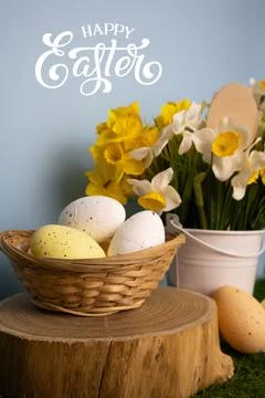 Vertical Easter card with colorful eggs close up and daffodil flowers in a bu Stock Photos